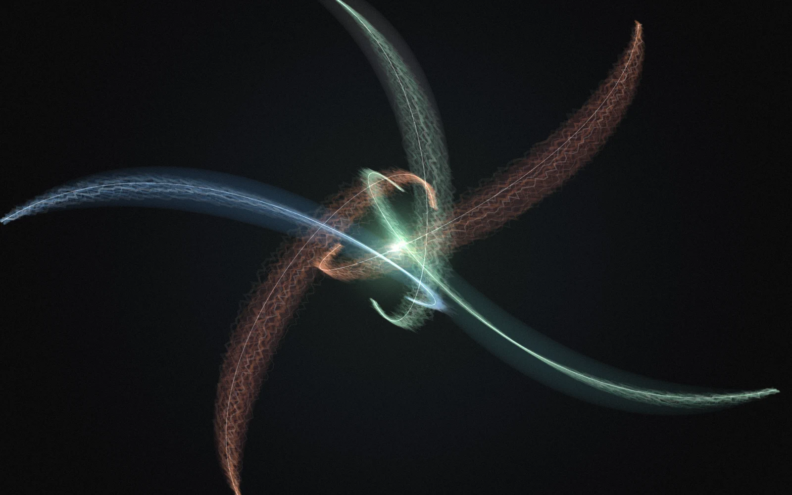 An ink study: five strokes orbiting a single bright core.