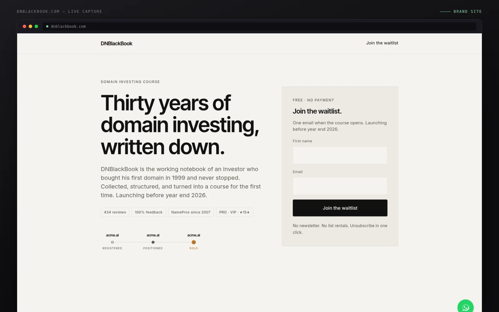 The DnBlackbook brand site: a domain-investing course landing page captured in a browser frame.