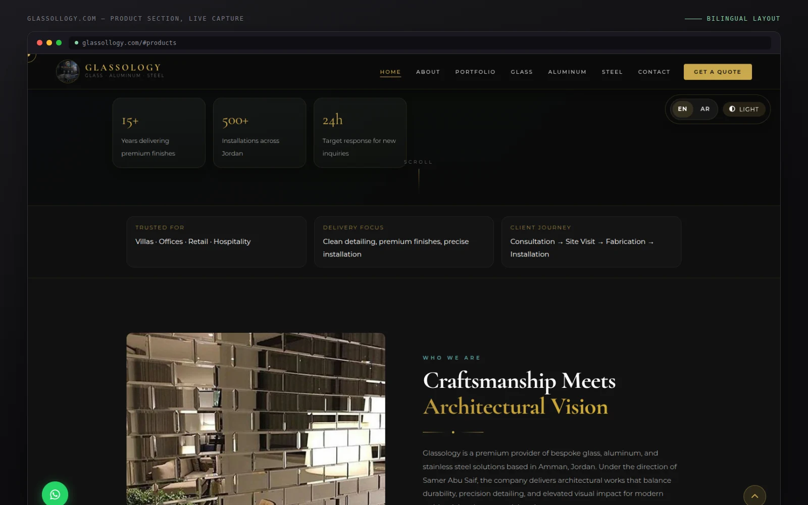 A second view of the glassollogy.com page — workshop content in English and Arabic.