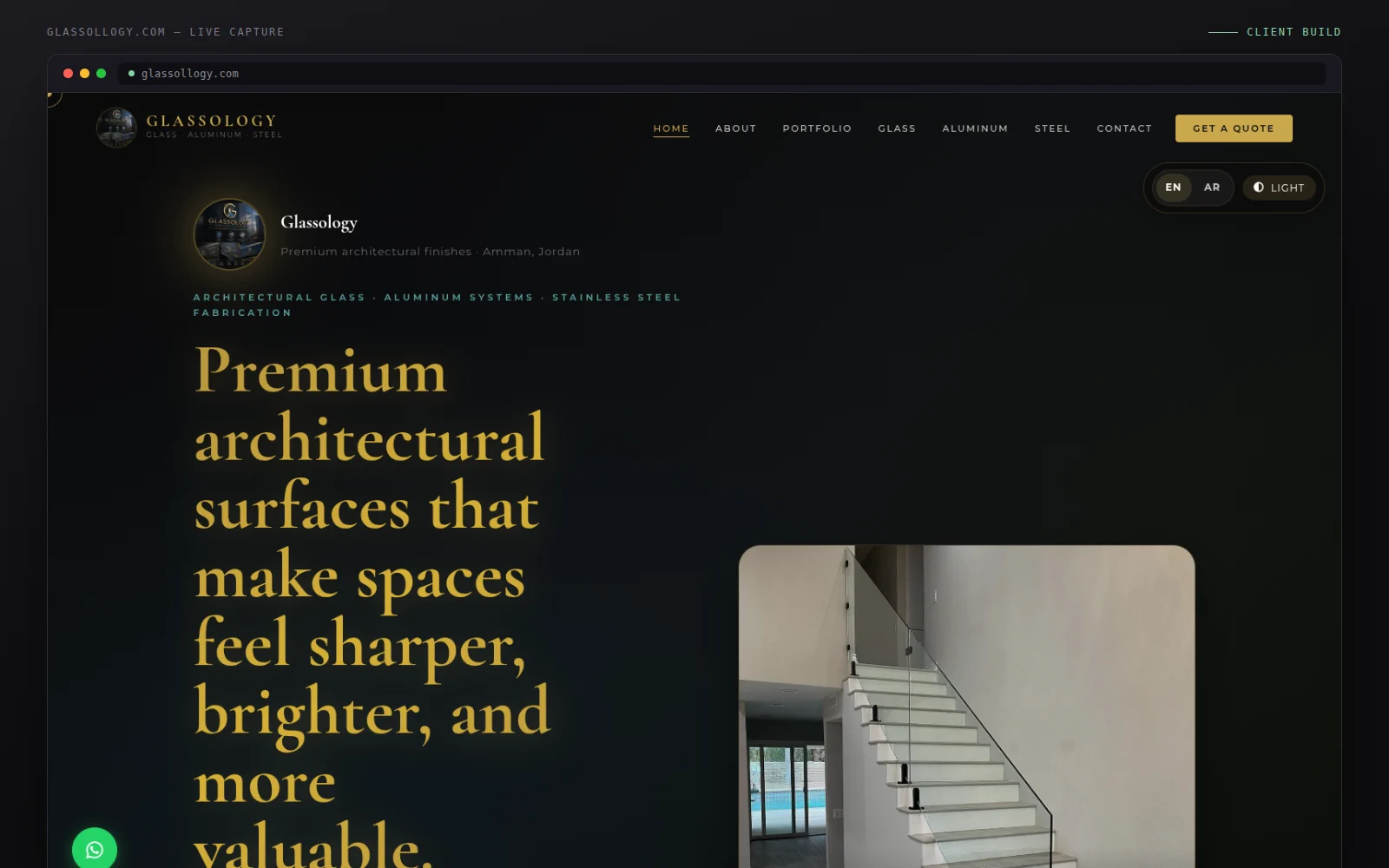 The Glassology site: an editorial serif headline above an architectural glass gallery.