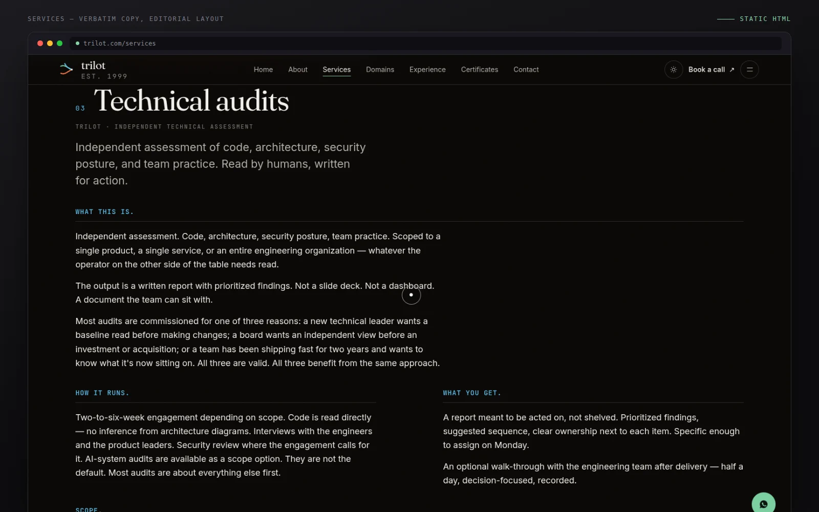 The services page: a numbered list of offerings in a display serif, with a sticky index and monospace section headings.