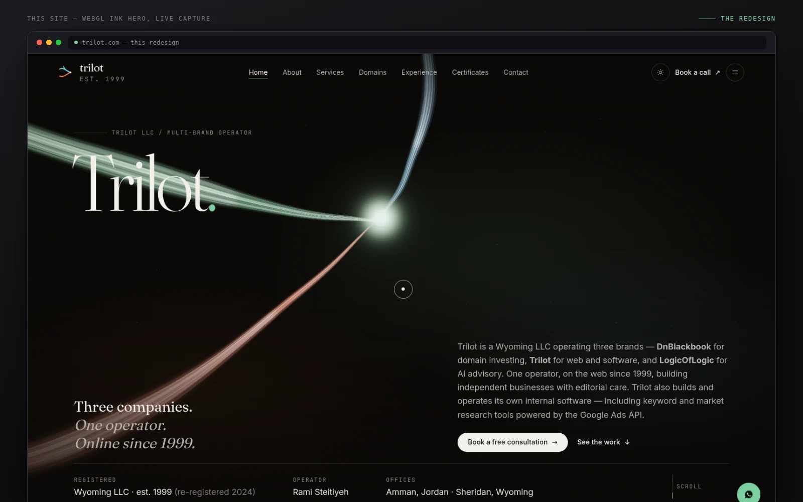 The Trilot home page with three ink ribbons converging on a luminous point.